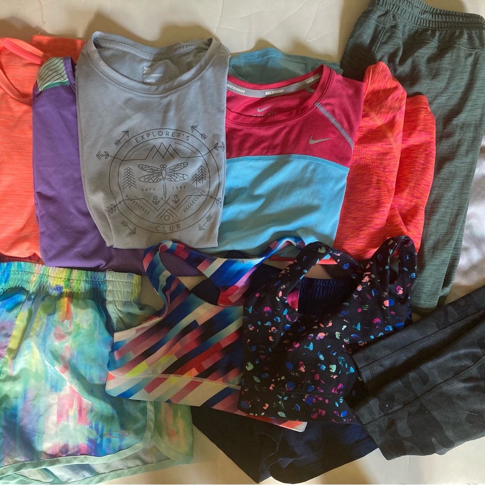 Girls 12 piece athletic lot 8 10 athleta DSG leggings bras tees shorts VGUC